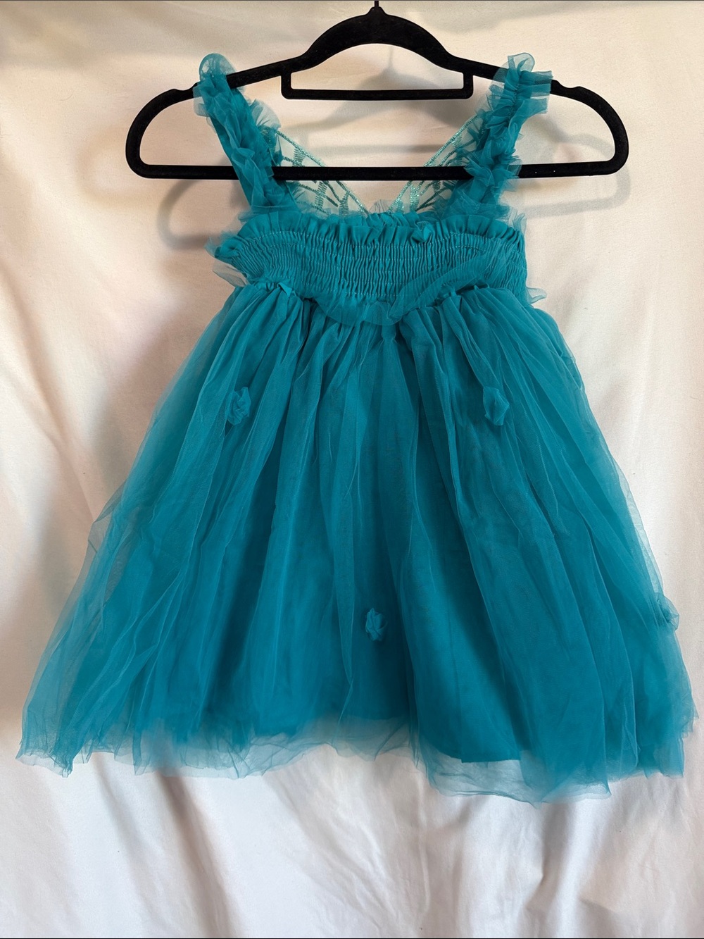 Teal Tulle Party Dress for Girls with Ruffled Straps